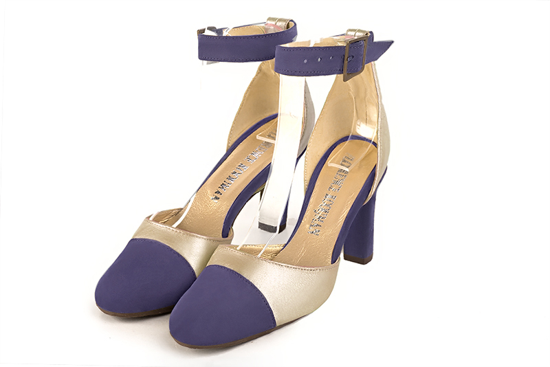 Lavender purple and gold women's open side shoes, with a strap around the ankle. Round toe. High kitten heels. Front view - Florence KOOIJMAN